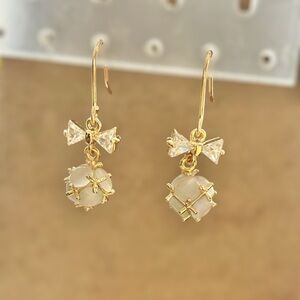 Chic Gold Tone Bow & Moonstone Dangle Earrings